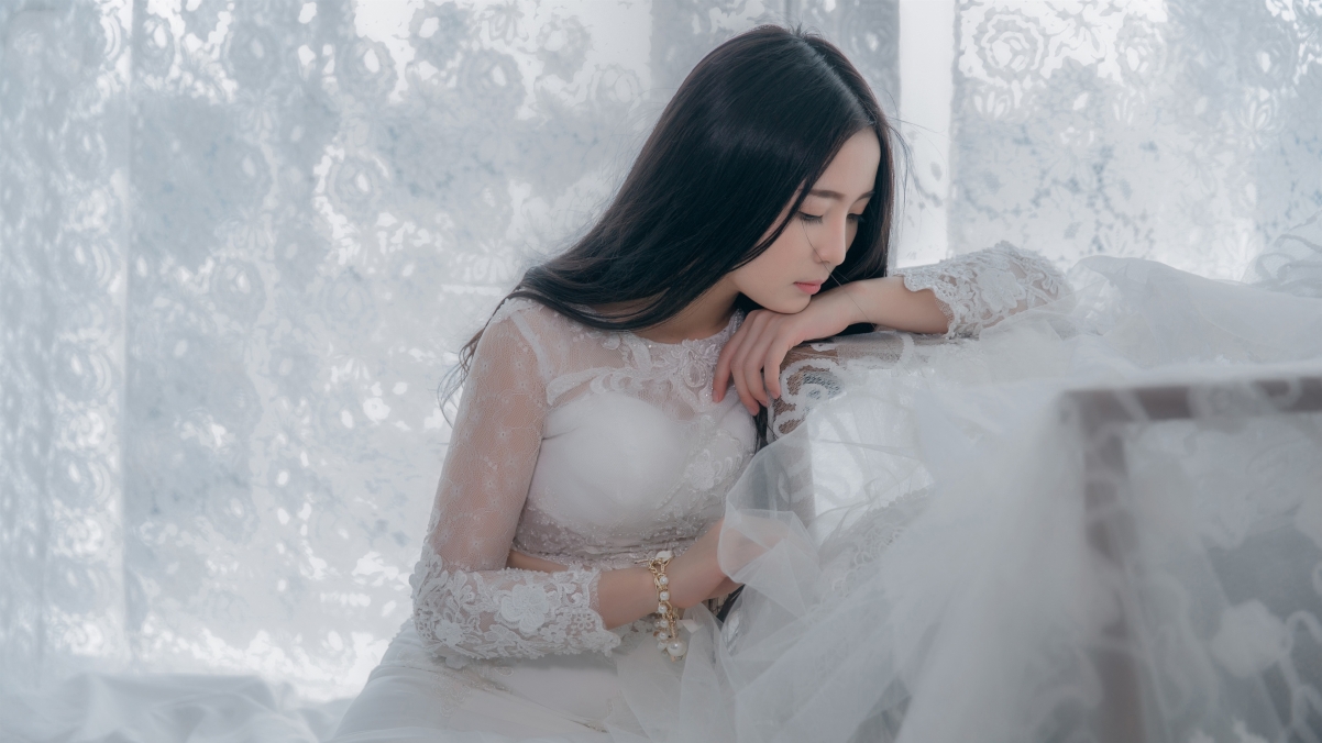Bride beauty white lace dress 4k