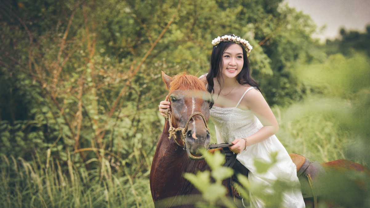 Summer, horse, female in white dress