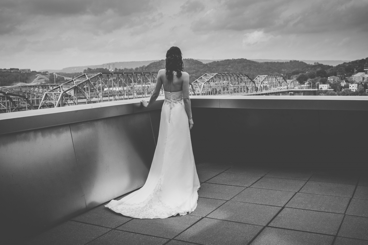 Rooftop, bride, back, white, black and white