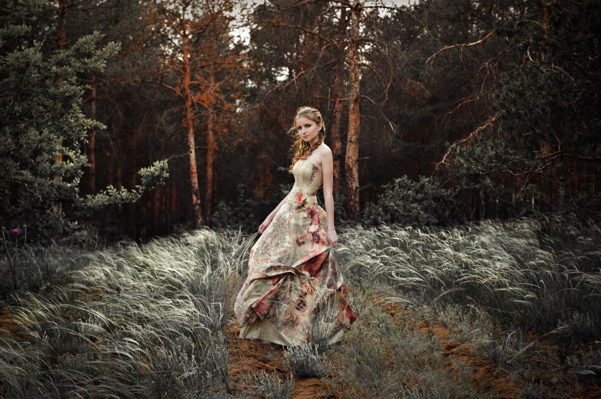 Forest, pretty girl, skirt, curly hair