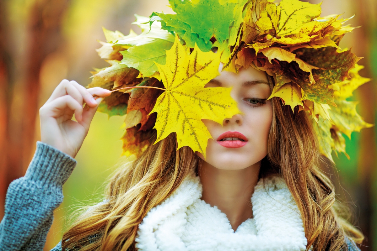 Autumn leaves maple girl 4K