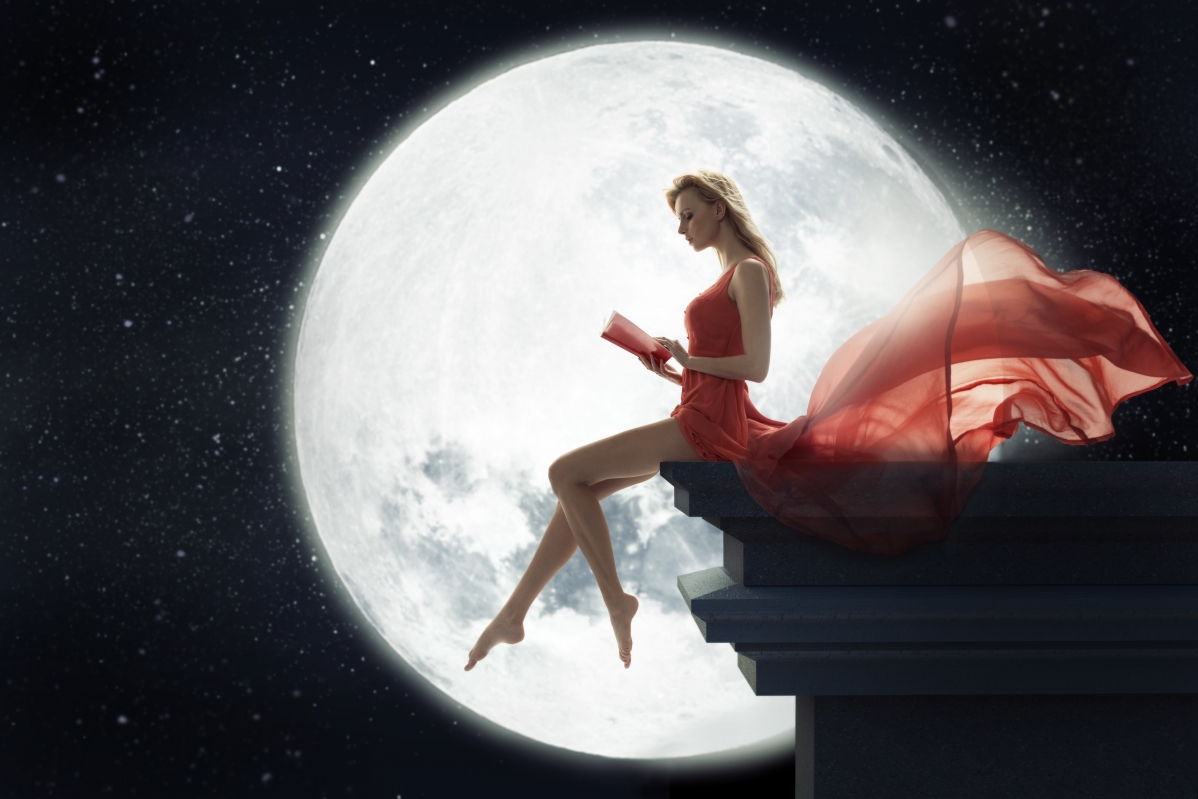 Girl blonde night moon dress
