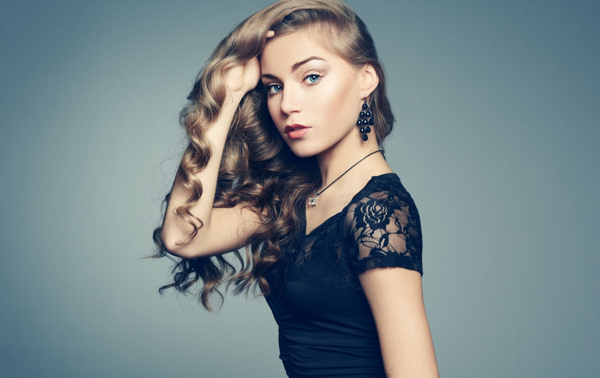 Girl wavy hair black lingerie