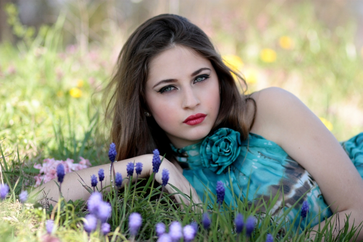 Girl flowers meadow spring blue