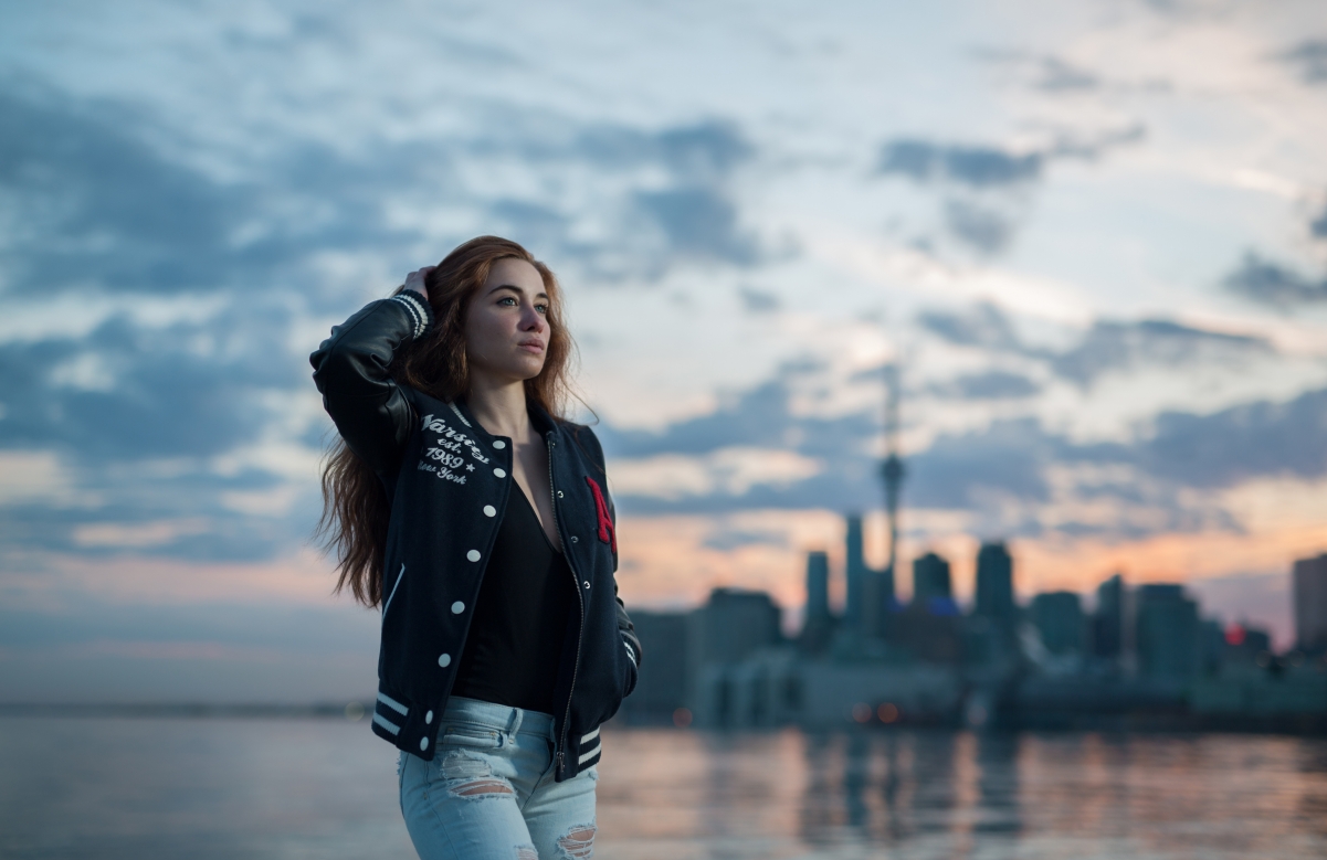 Girl jacket jeans seaside city
