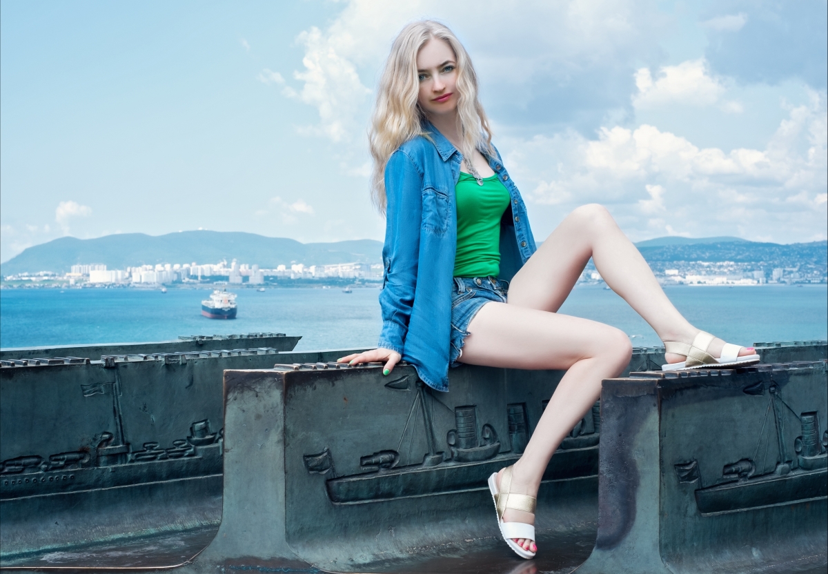 Girl sea ship sky beach