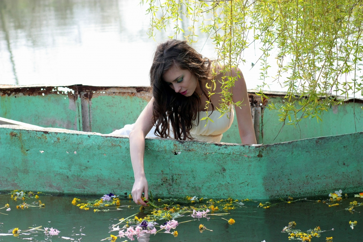 Girl Boat Water Flowers 4K Beauty