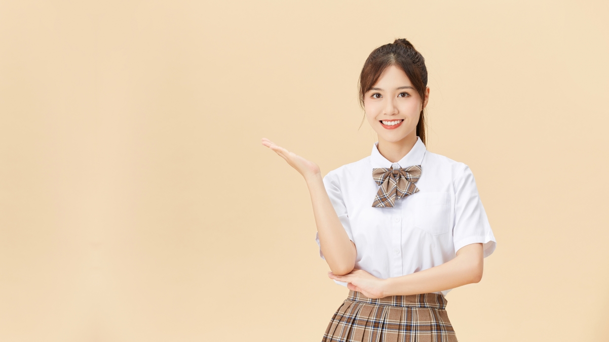 Cute smiling beautiful college student gesturing