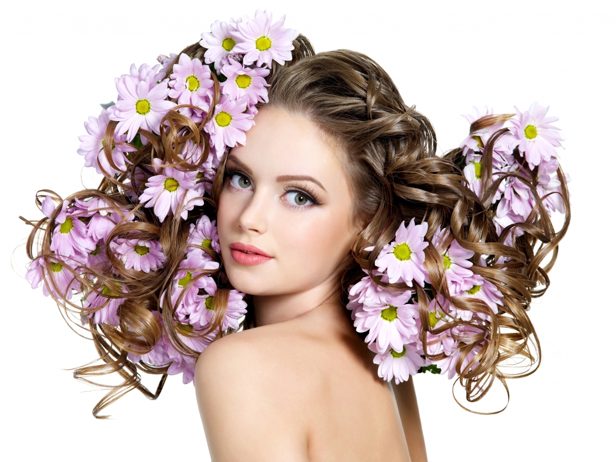 Curly hair and flowers exaggerated hairstyle display