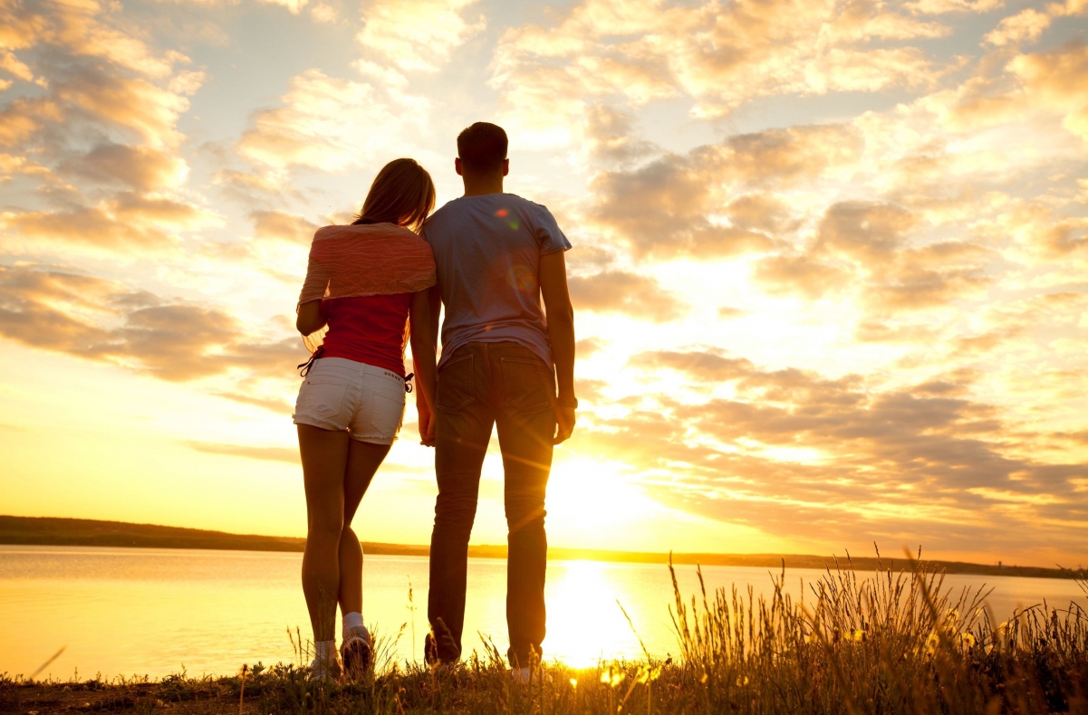 Dusk, sunset, romantic couple, each other