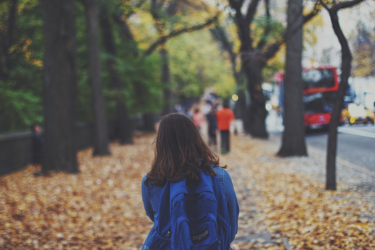 Back view of a girl on a city autumn road