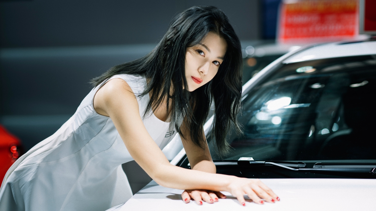 Auto show beauty white skirt 4k beauty