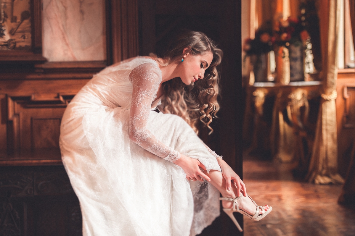 Blonde bride in white wedding dress