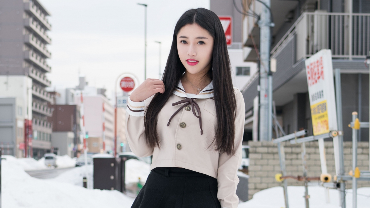 White shirt and black skirt with long hair