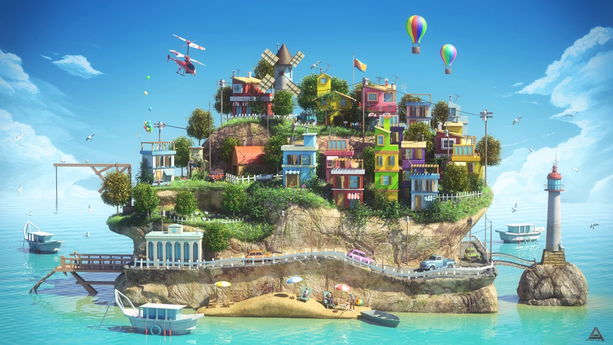 Small island, house, flowers and green grass, cars