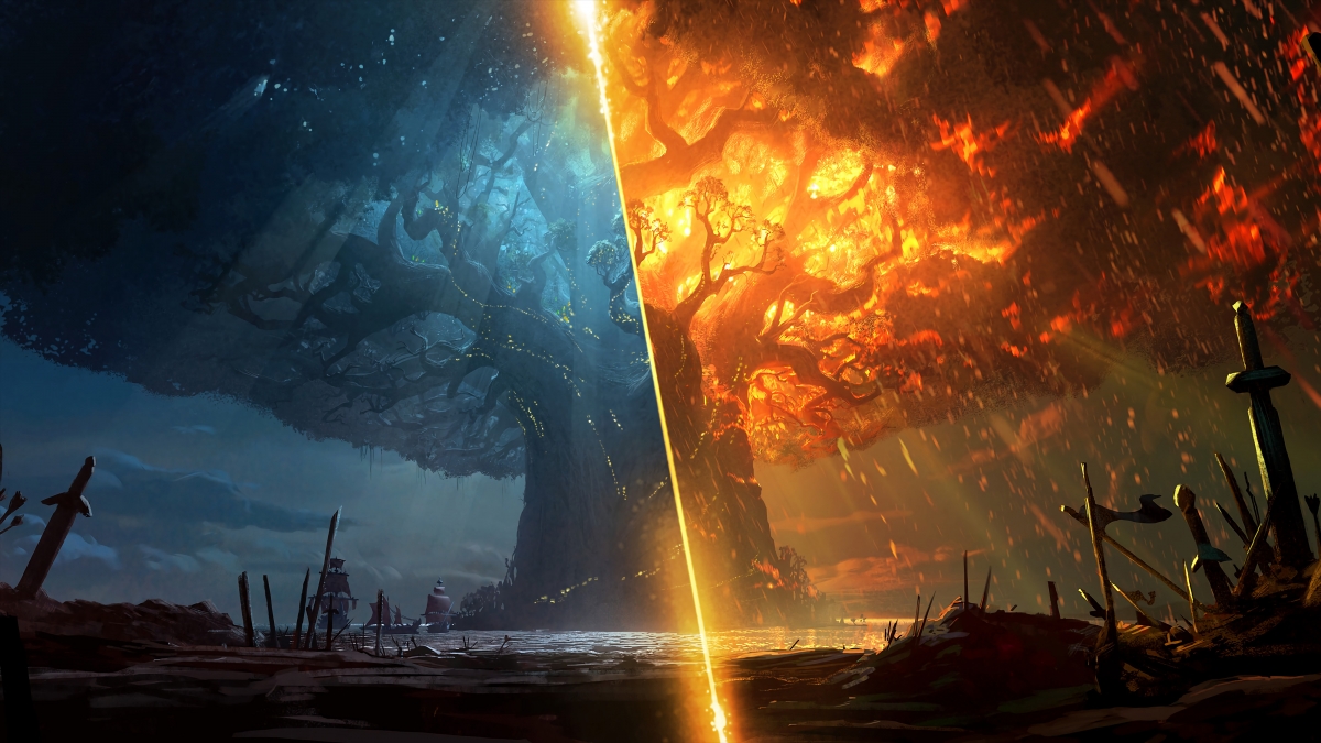 World of Warcraft Ice and Fire Tree 4k Wallpaper