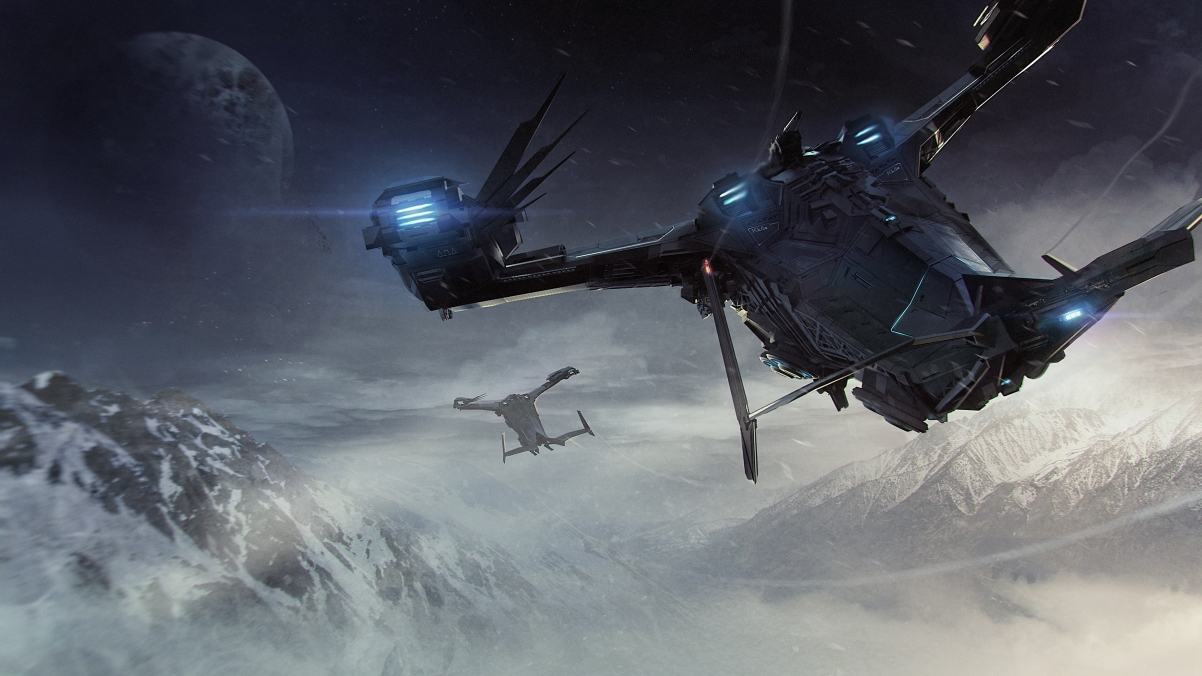 Planet, landing, starship, mountains, stars