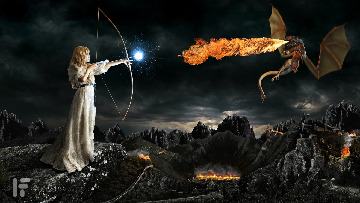 Dragon Attack girl, bow and arrow