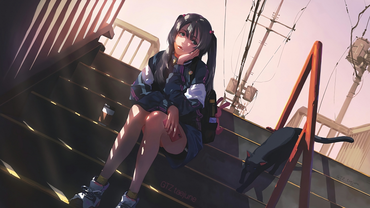 4k anime girl sitting on the stairs