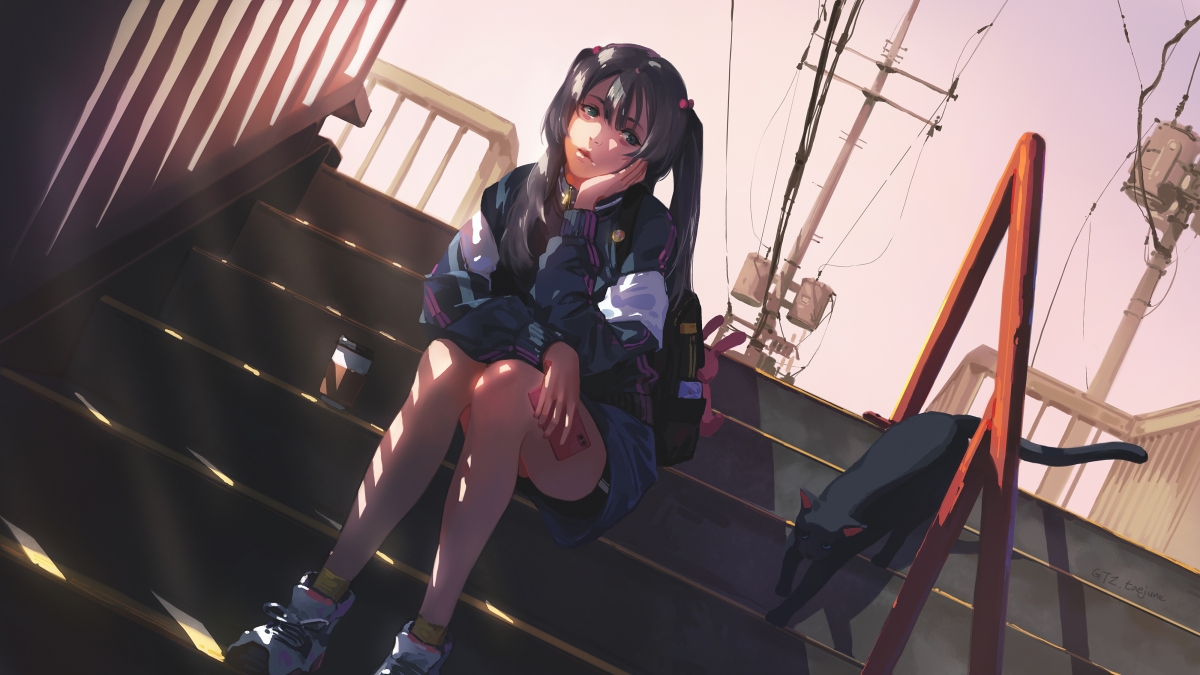 Female student sitting on the stairs 4k high