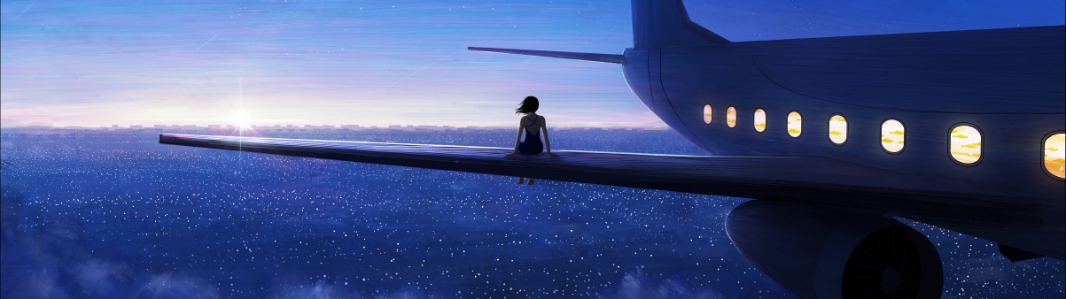 Girl sitting on the wings of an airplane 5120x1