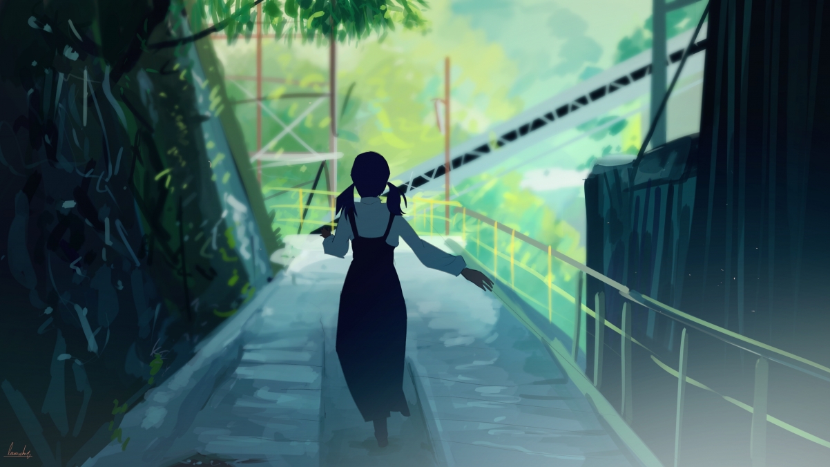 Aisle guardrail girl back view illustration