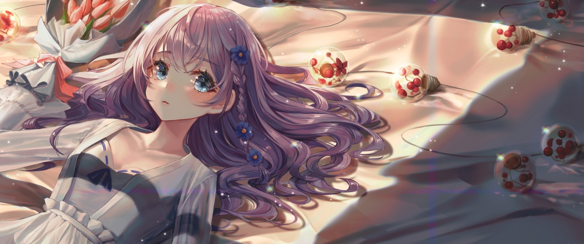 Purple long hair cute anime girl bed
