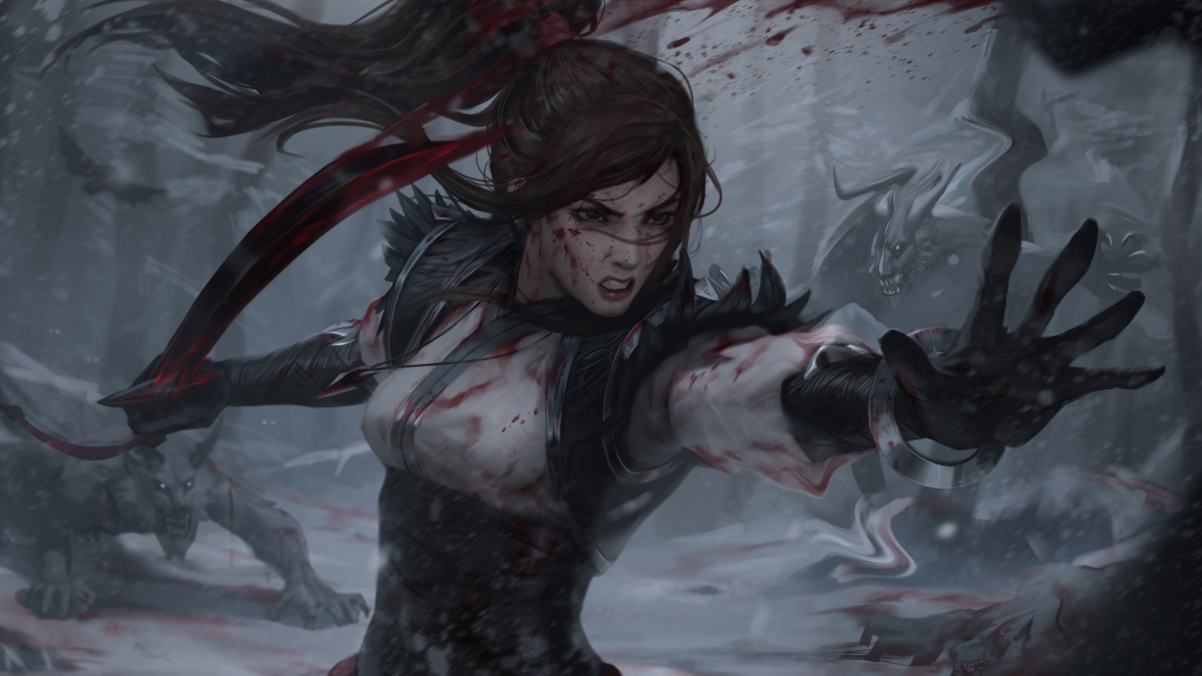 Long-haired woman sword blood demon black