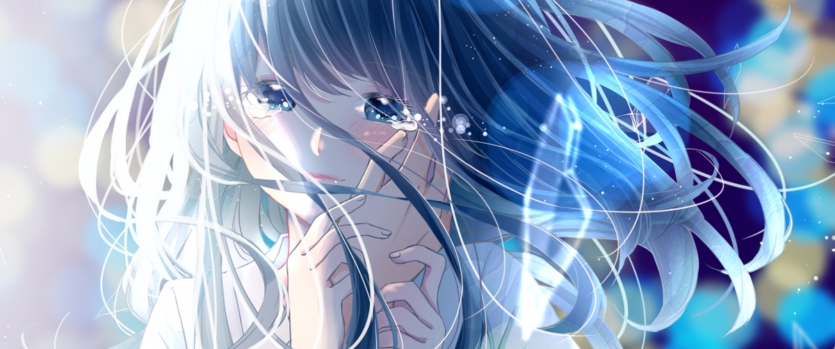 Anime girl with long hair tears hand 3