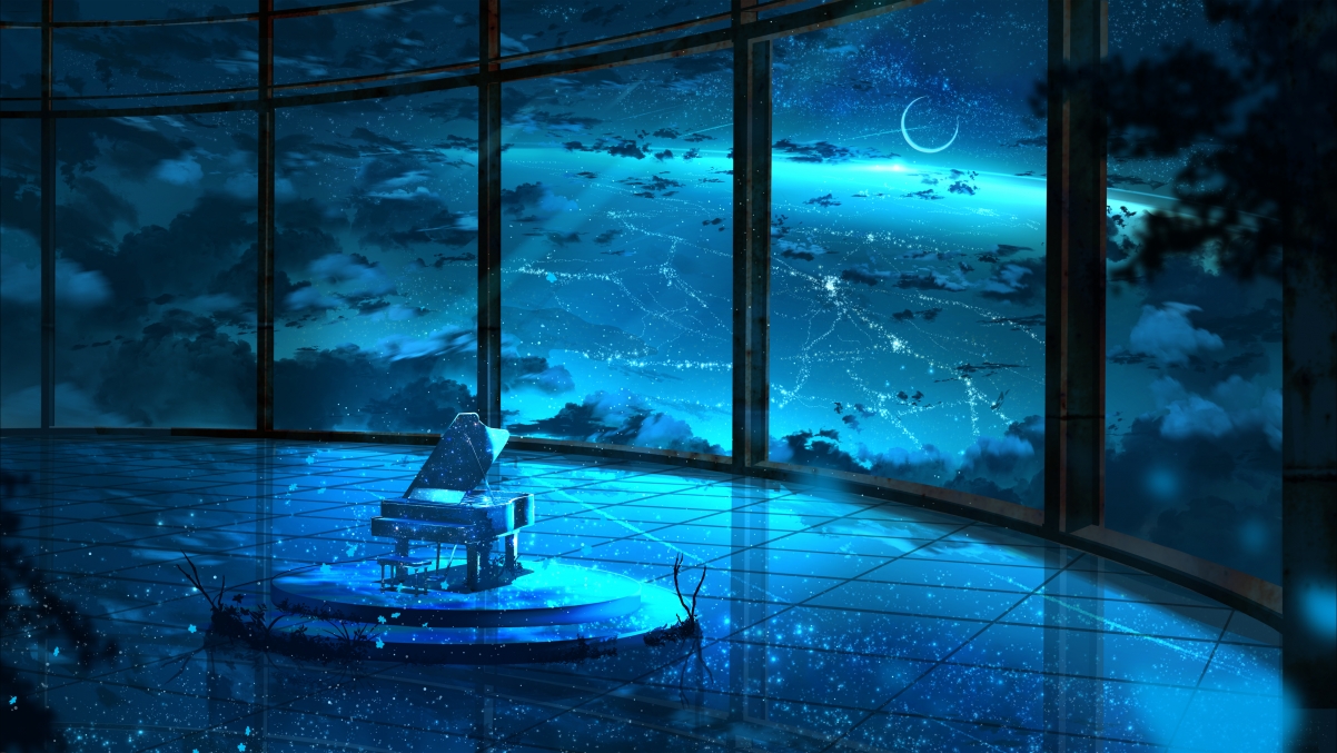 Moon shadow scenery starry sky piano through