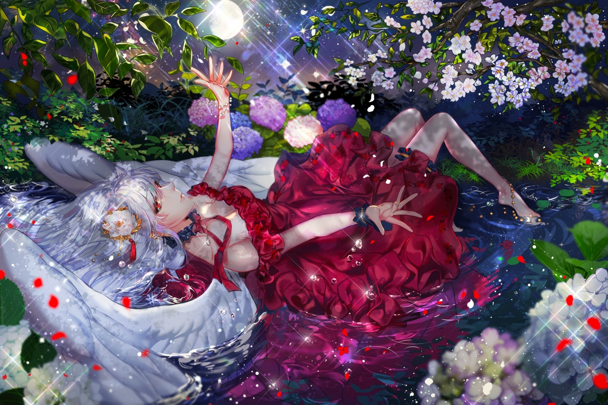 Moonlight, beautiful woman, beautiful dress