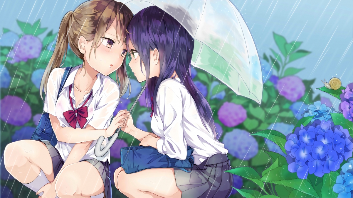 Two cute girls with umbrella on rainy day