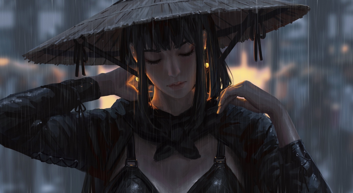 Rainy girl closed eyes hat only