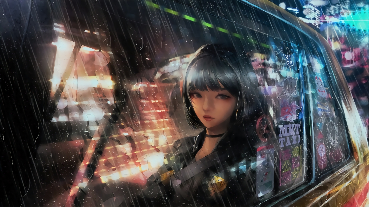 Woman in a taxi through the glass on a rainy day