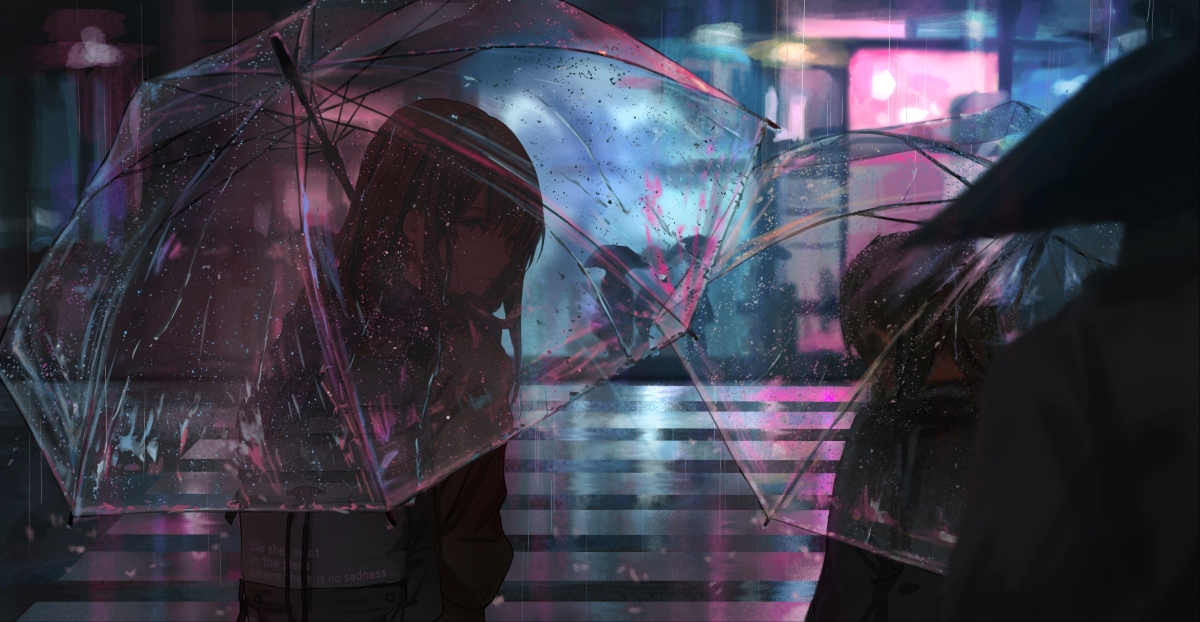 Rainy day city night view woman umbrella