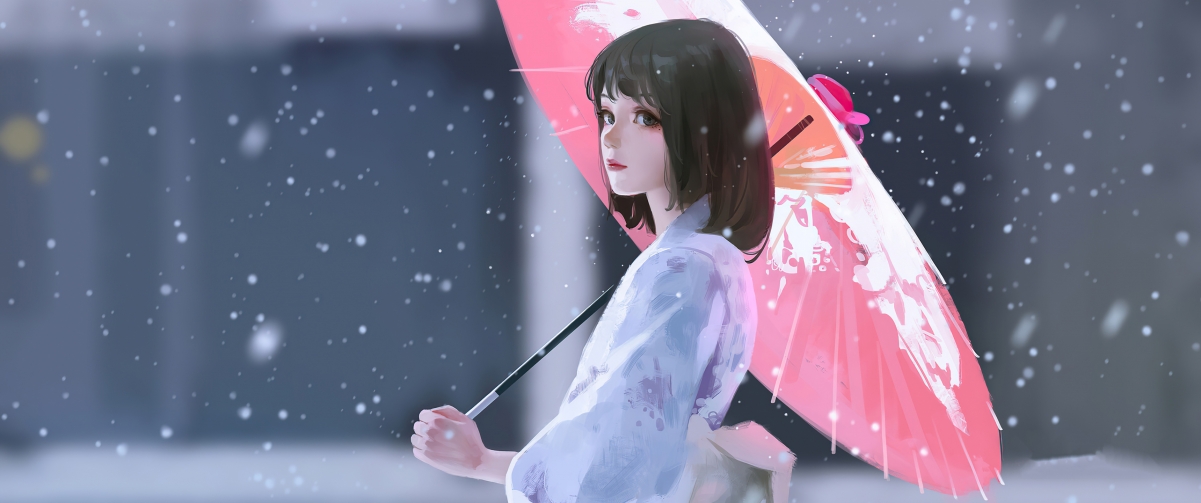 Umbrella snow girl white dress