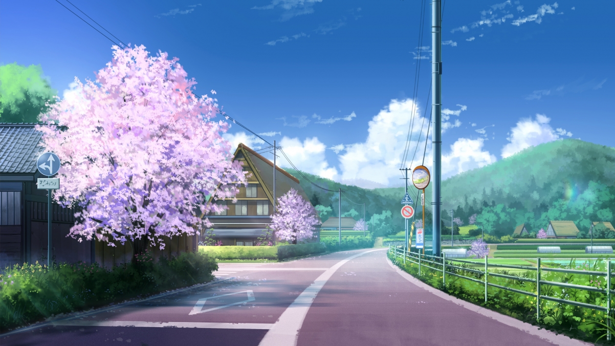 Cherry blossom road small town country village