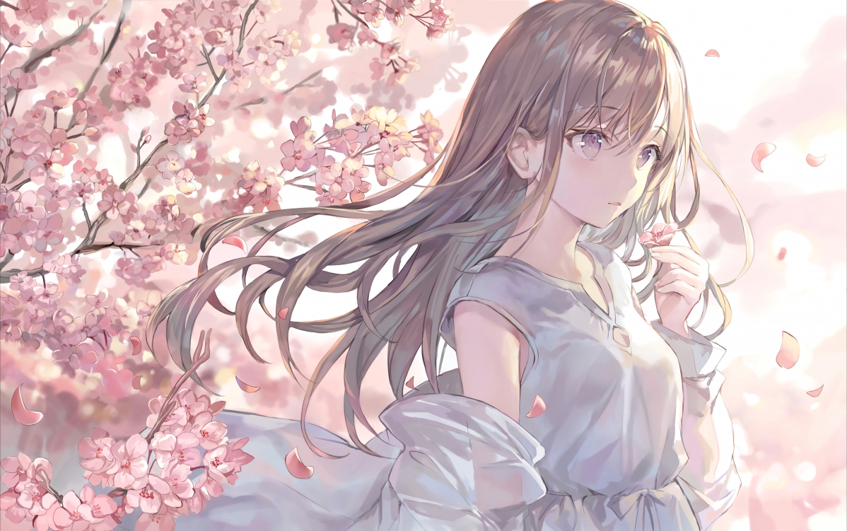 Sakura brown long hair white dress