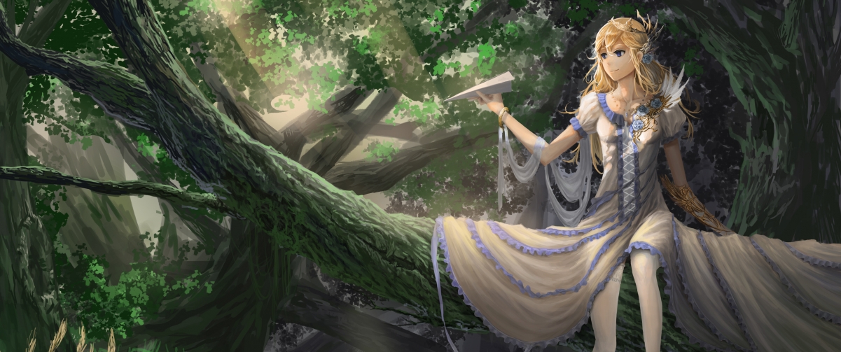 A girl with a paper airplane in the forest
