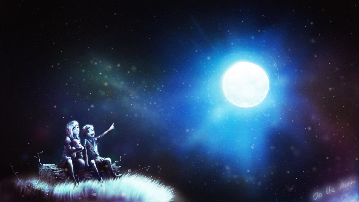 Night, starry sky, moon, girl, male