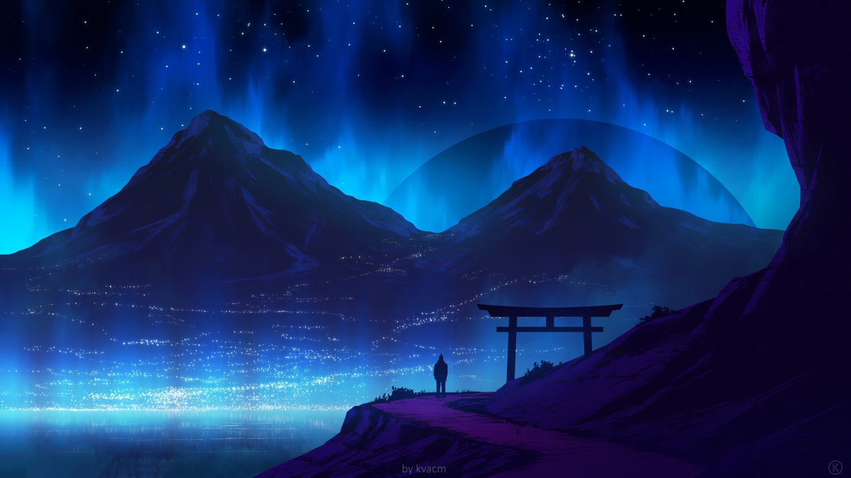 A starry sky and a mountain light path at night