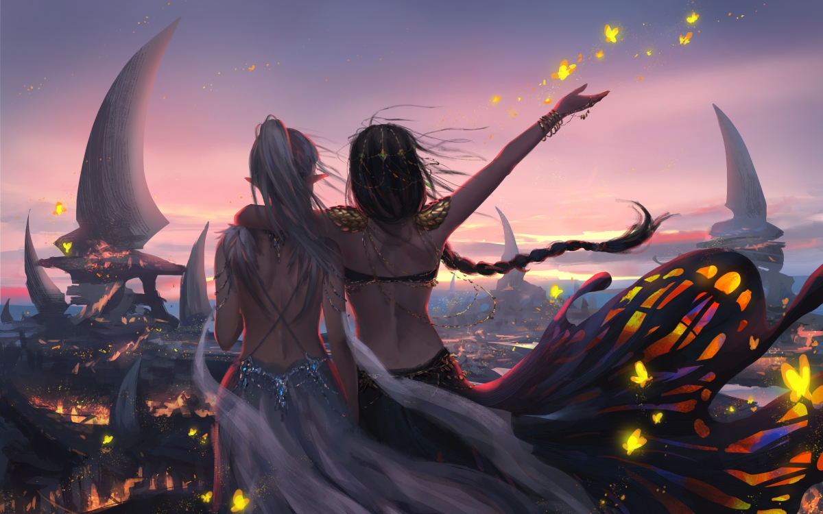 Two girls beautiful back at night