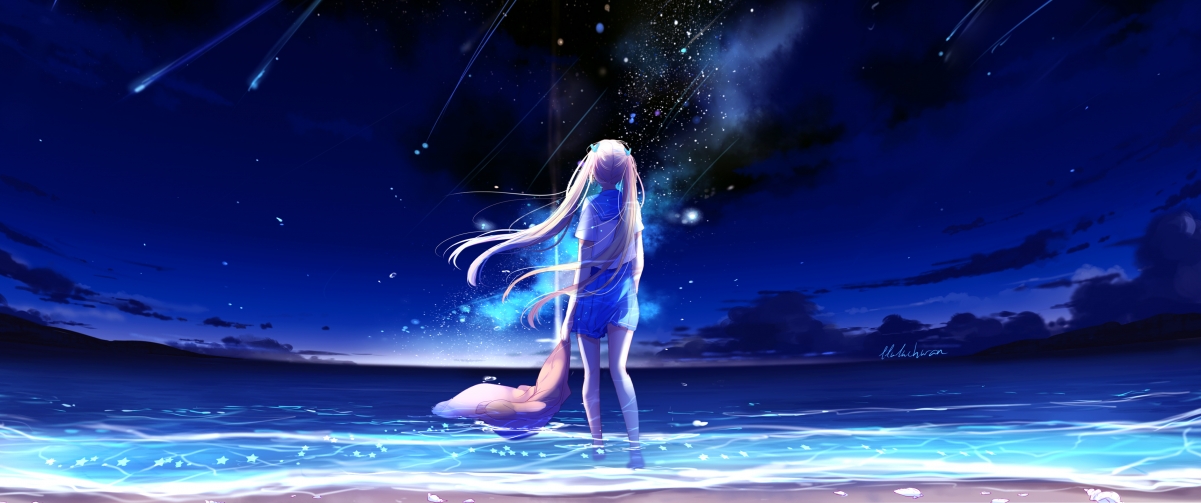 Night Sea Girl 3440x1440 Anime