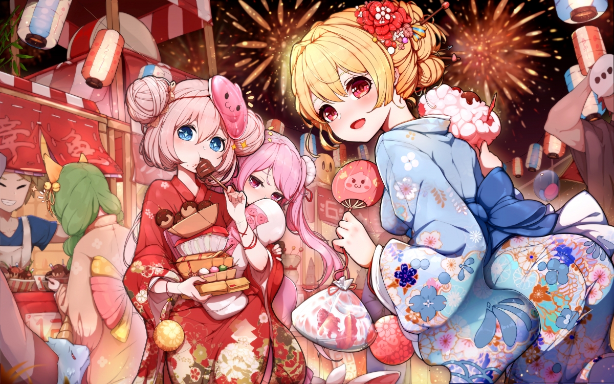 Fireworks and Kimono Girl Snack Street Yaki
