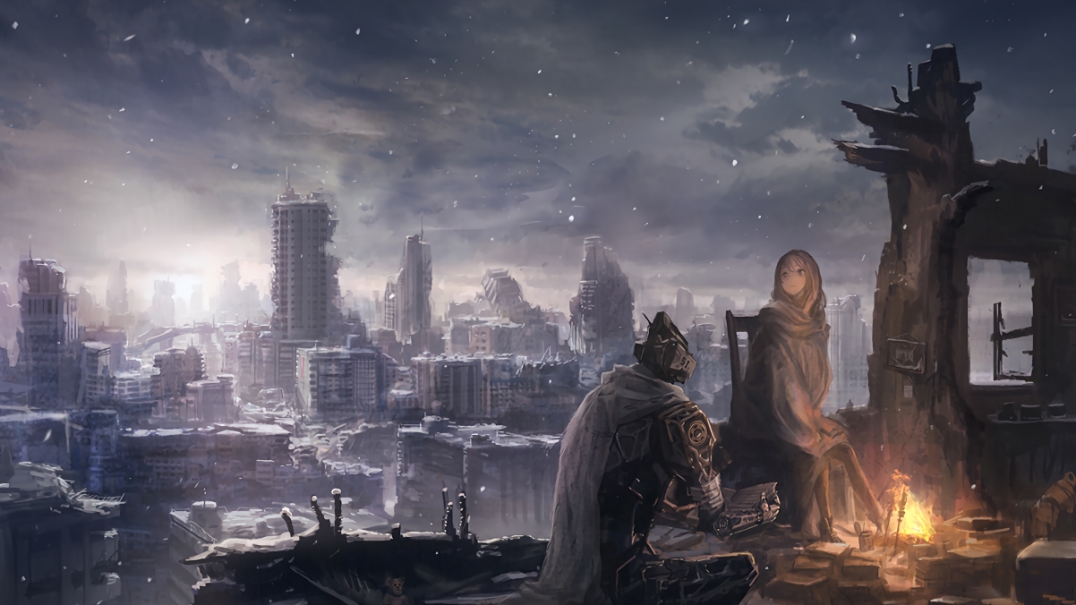 Snow sky, city, fire, girl, 4K