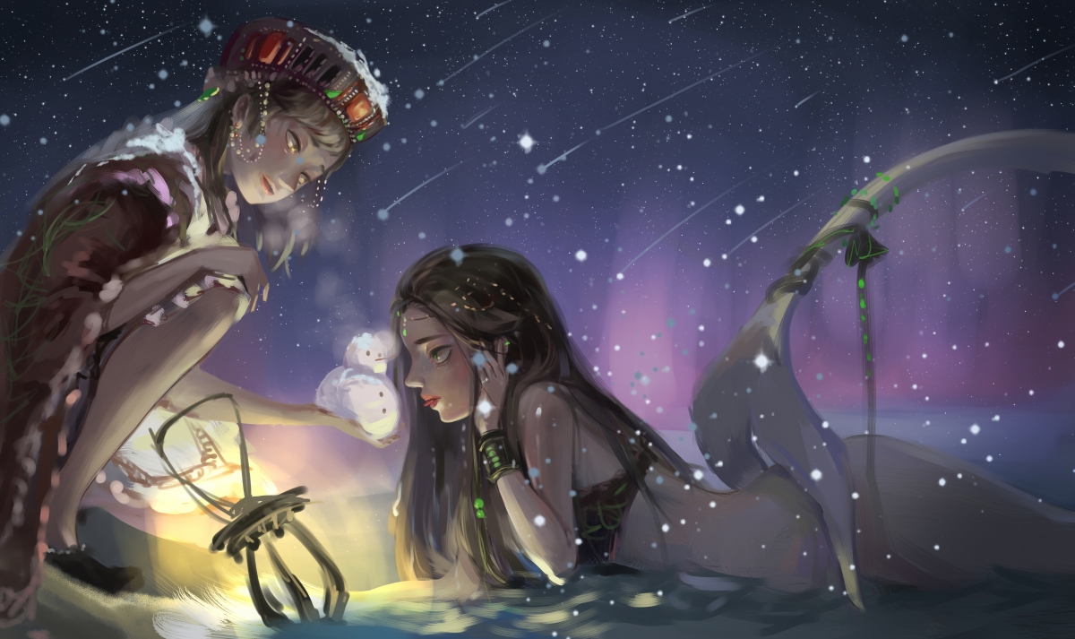 Two girls in the snow 4k wallpaper