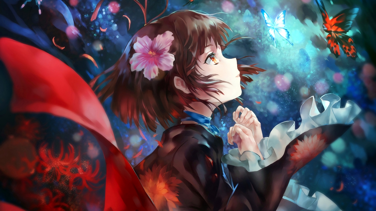 Starry sky, girls, flowers, petals,