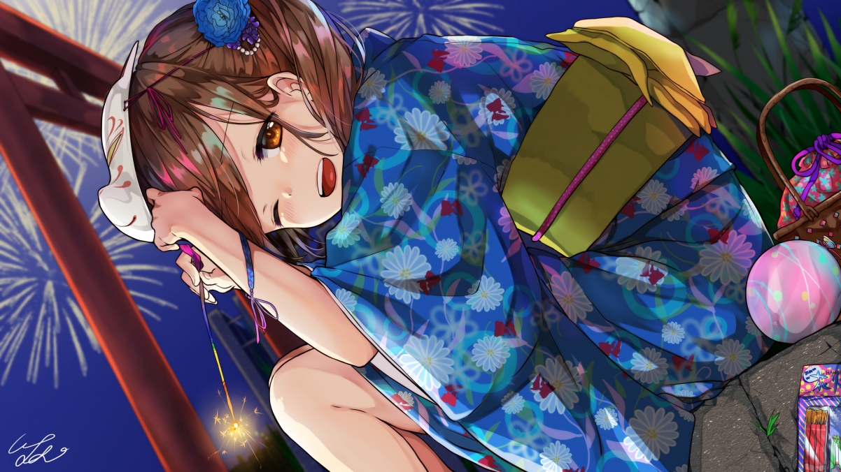 Little girl kimono mask firework new