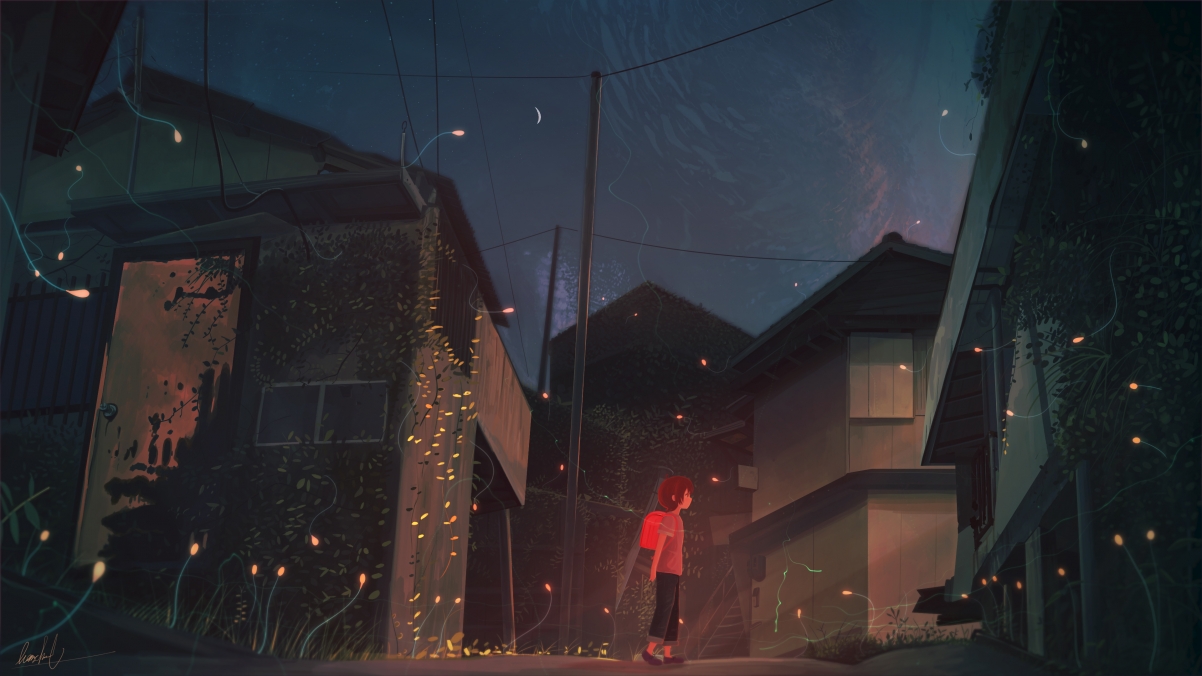 Little girl, night road, house, anime wind