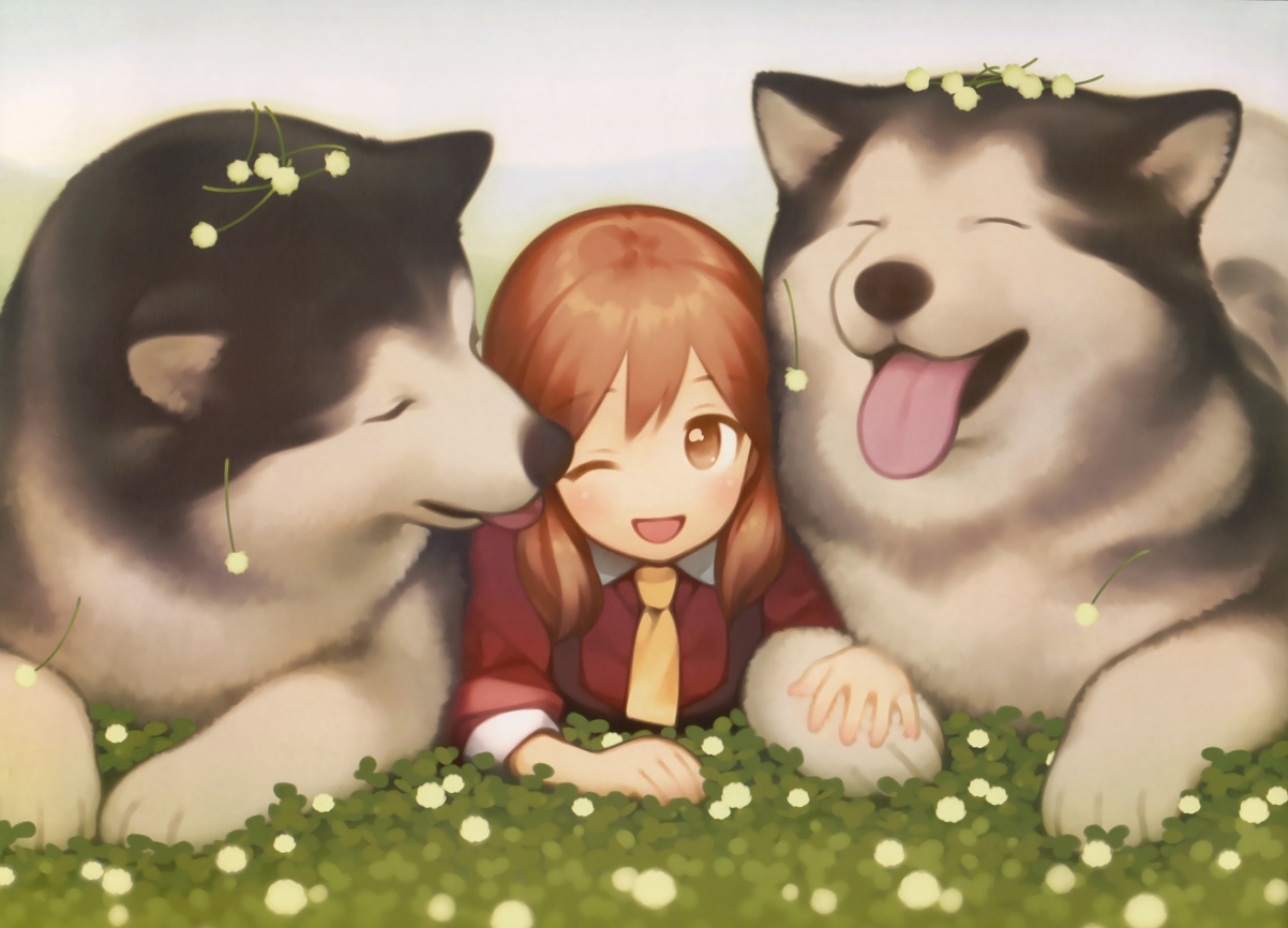 Little girl, dog, husky, 4k anime